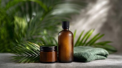 Fototapeta premium Organic skincare products amidst lush greenery