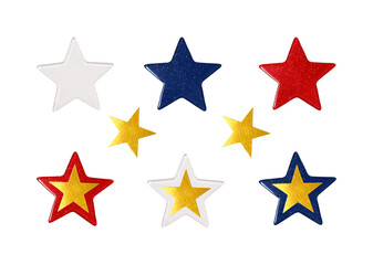 Obraz premium Set of decorative glossy stars in the colors of the US flag, decorated with gold stars. Design element for creating festive patriotic compositions, cards, invitations, frames.
