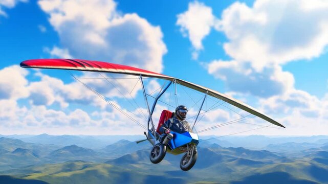 Ultralight Aircraft Flying in Blue Sky, Powered Hang Glider Adventure Over Mountains
