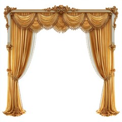 Elegant golden curtains with intricate design and ornate details, creating a luxurious atmosphere. The curtains showcase a refined style.