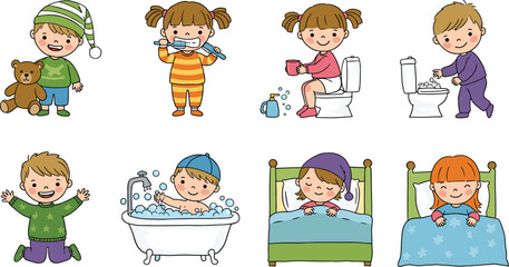 Cute cartoon kids daily routine vector illustration set, children brushing teeth, bathing, sleeping, toilet training, healthy lifestyle activities design