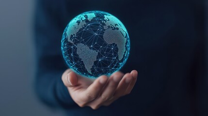 A digital representation of Earth held in a person's hand, symbolizing global connectivity and technology.