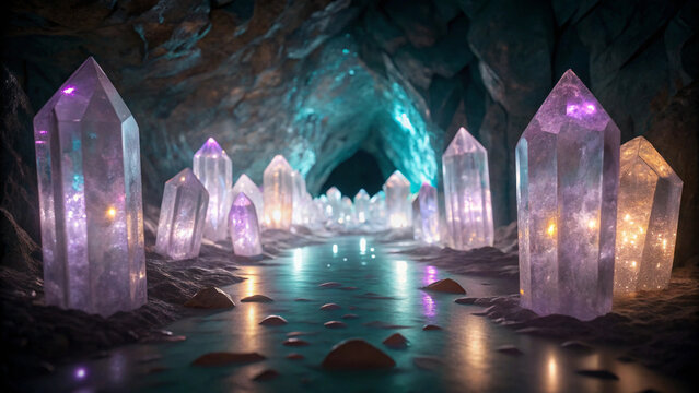 Illuminated Crystal Cave with Reflecting Pool and Purple and White Glow cavern geode - Powered by Adobe
