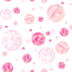 Seamless pattern with pink circles, hand-drawn in watercolor.