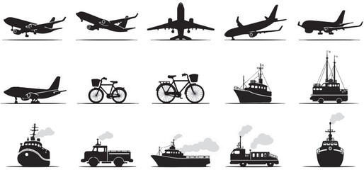 Silhouette set of Transportation system icons including airplanes, trains, ships, bicycles, and metro stations