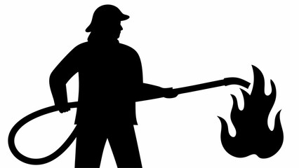 Silhouette of a firefighter extinguishing a fire with a hose and wearing protective gear in monochrome style