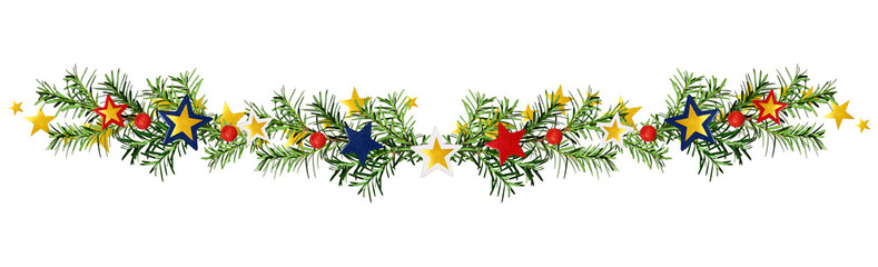Obraz premium Christmas garland of coniferous branches decorated with stars in the colors of the US flag. Green yew branches isolated on white background. Design element for creating festive patriotic compositions.