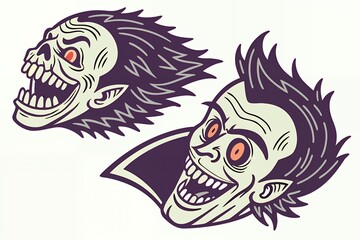 Two frightening vampire faces with sharp teeth and glowing eyes