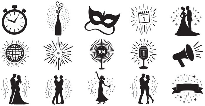 Silhouette Icons Set of New Year&rsquo;s Eve, including fireworks, champagne glasses, party hats, balloons, confetti, countdown clock, calendar page with 31