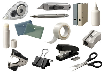 Stationery essentials arranged as set; stationery items include stapler, scissors, box cutter, tape, glue, pen, envelopes, sharpener; stationery ready for office projects, school use, workspace theme
