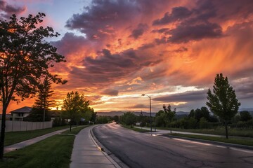 Fototapeta premium Vibrant sunset paints the sky over a quiet suburban street