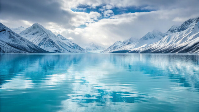 Serene Turquoise Lake Reflecting Snow- Capped Mountains Under Cloudy Sky water blue