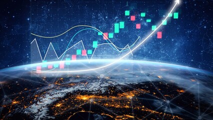 A stunning digital visualization of global stock market trends, featuring charts and graphs that symbolize growth on a vibrant Earth background, representing financial insights. Copula