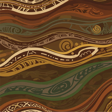 Papuan noken motif mosaic, a vibrant vector illustration showcasing earthy tone organic shapes overlapping fluidly to create a harmonious cultural pattern.