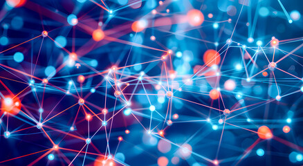 Fototapeta premium A glowing digital neural network, symbolizing artificial intelligence, data science, machine learning, and the complexity of modern technology and connectivity. AI Wallpaper Background