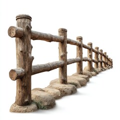 Obraz premium A wooden fence stretches into the distance, made with rustic poles and beams. The fence sits atop a row of stones.
