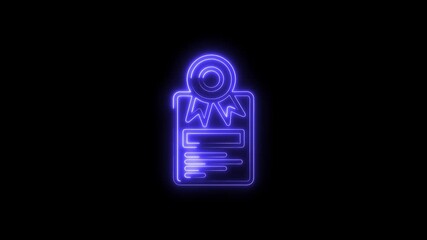 Glowing Neon Certificate Icon Isolated Black Background Award Diploma Achievement Recognition Symbol