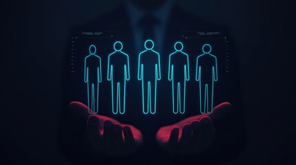A businessman holds digital figures representing individuals, symbolizing data management or human resources in a modern, tech-focused environment.