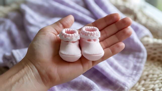 World Prematurity Day theme, close-up of tiny baby socks placed gently on a parent’s open palm