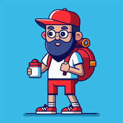 “Cartoon Vector Illustration of Bearded Traveler Man with Camera and Backpack”