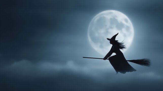 Enchanting Halloween Scene with Witch Flying on Broom Across a Night Sky Under a Full Moon