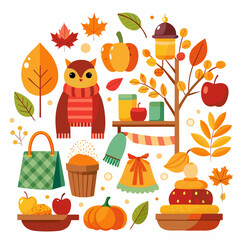 Cozy autumn flat vector illustration set