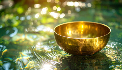 Golden Singing Bowl on Water — Spa Wellness Scene, Sunlit Ripples & Bokeh