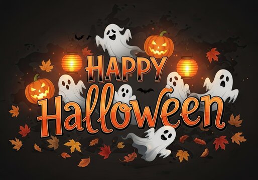 Photo of a spooky and fun happy halloween illustration featuring ghosts, pumpkins, and lanterns with autumn leaves on a dark background for a festive celebration