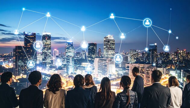 Cityscape network view of business people
