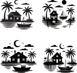 Obraz premium A set of vector icons featuring a tropical island paradise with a beach, palm trees, and the sun setting over the ocean