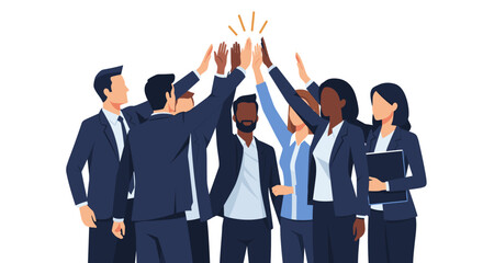 A diverse group of enthusiastic business professionals celebrates their collective success with a high-five, symbolizing strong teamwork, unity, and shared triumph.