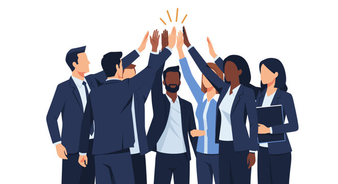 A diverse group of enthusiastic business professionals celebrates their collective success with a high-five, symbolizing strong teamwork, unity, and shared triumph.
