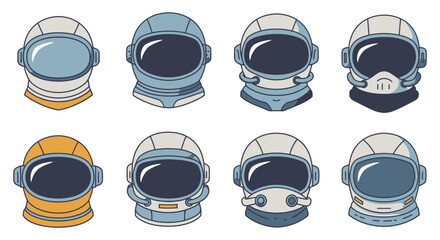 Collection of various colorful cartoon astronaut helmets in different designs and colors © AL-AMIN