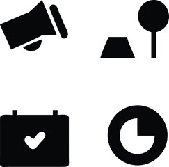Set of four black icons representing business and planning concepts