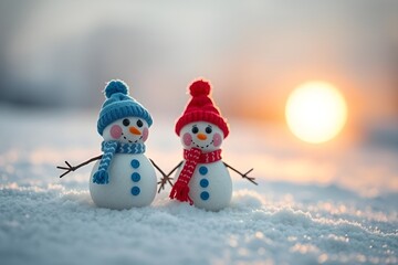 Cute Handmade Snowmen with Colorful Winter Hats on Snowy Holiday Scene
