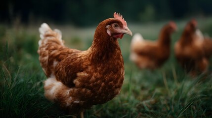 Fototapeta premium Organic free range chickens in a grassy field