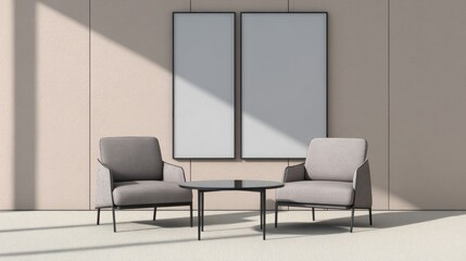 Modern Gray Armchairs and Coffee Table in Minimalist Lounge Area