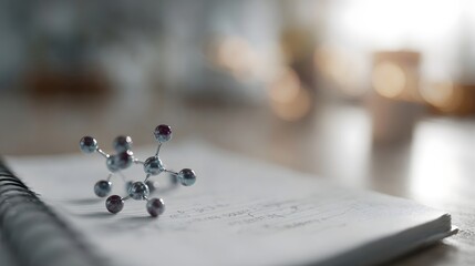 Molecular model next to lab notebook on academic desk