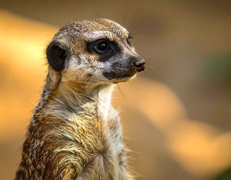 Close-up profile view of a meerkat, showcasing its detailed fur pattern and alert expression against a blurred, warm-toned background.