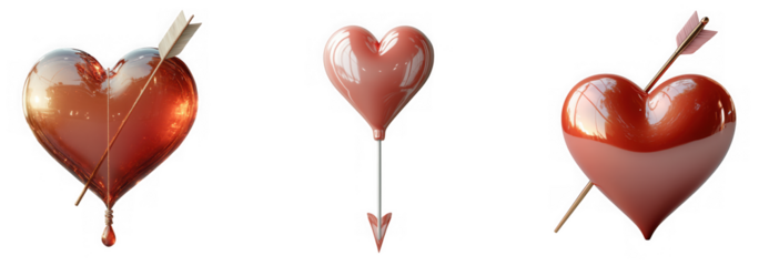 Three stylized heart shapes, one pierced by an arrow, another with an arrow passing through, and a third as a balloon with an arrow, isolated on a transparent background