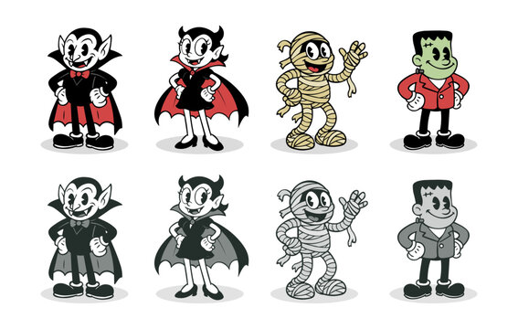 Retro Halloween Cartoon Characters in 1930s Rubber Hose Style
