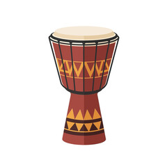 A decorated djembe drum with a white drumhead.