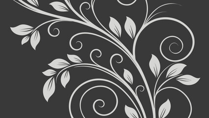 Elegant floral design with swirling vines and leaves on a dark gray background creating a sophisticated pattern