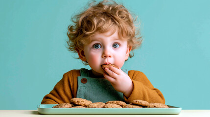 Caucasian child with curly blonde hair and blue eyes eating a cookie from a tray against a teal background