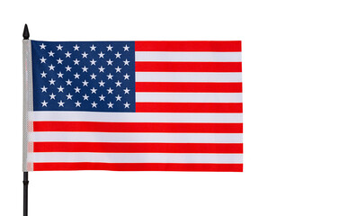 US national flag with a black plastic pole and flat laid canvas, isolated on a white background with empty copy space area. Blank for holiday artwork with a clipped path, symbol of the national unity