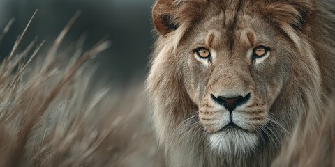 Fototapeta premium Majestic lion resting in tall grass during early morning light in the savannah
