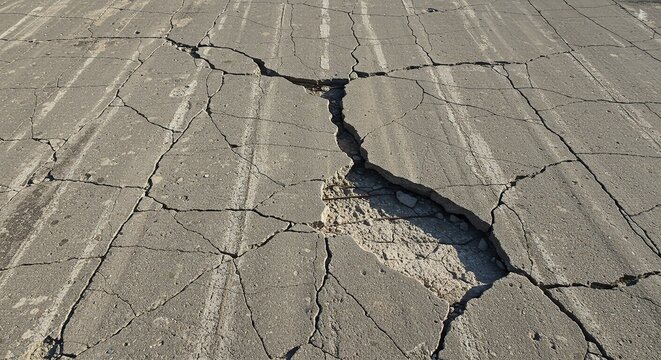 Cracked concrete pavement surface damage road repair asphalt street broken cement infrastructure failure -