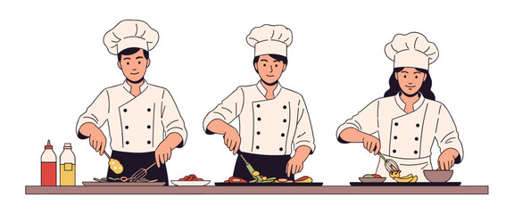 Three professional chefs, two men and one woman, are diligently preparing various dishes in a busy kitchen, showcasing culinary expertise.
