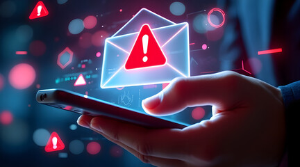 Cybersecurity alert mobile phone receiving warning notification digital threat