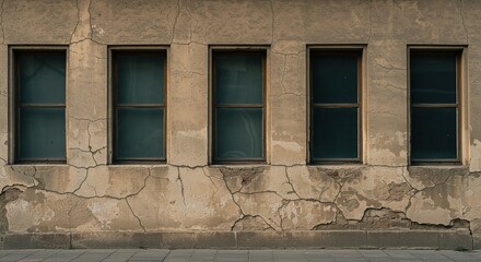 Old building facade with windows architecture urban decay cracked wall texture vintage exterior design element -